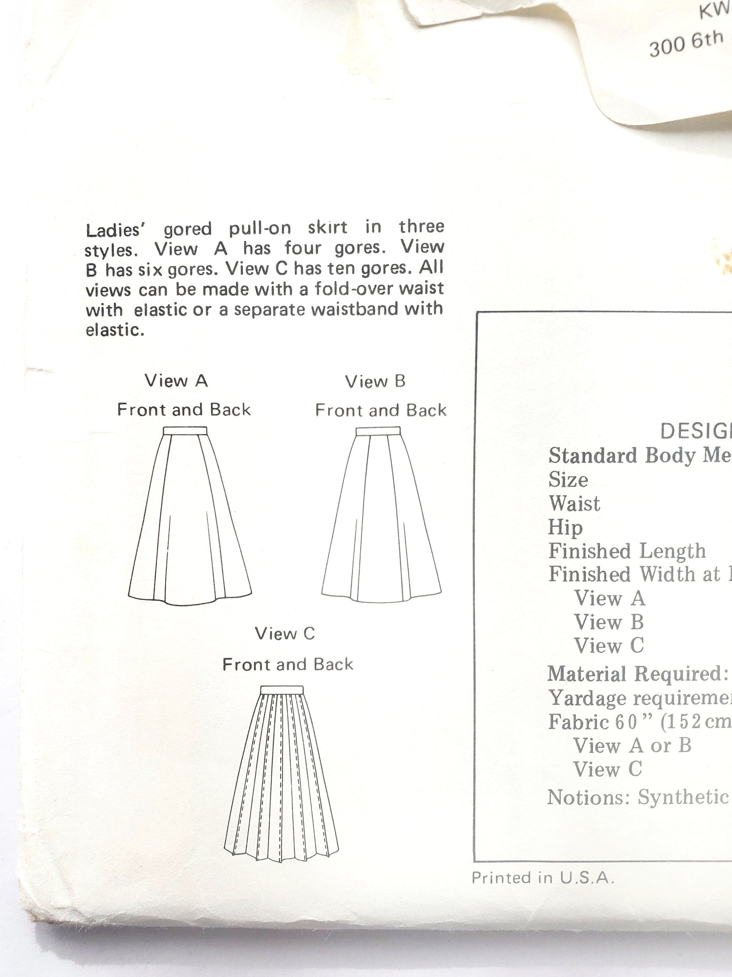 KWIK SEW Sewing Pattern 364, Skirts, Gored, Pull-On, Fold-Over Waist, Elastic Waistband, Size 12-16