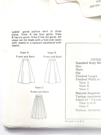 KWIK SEW Sewing Pattern 364, Skirts, Gored, Pull-On, Fold-Over Waist, Elastic Waistband, Size 12-16