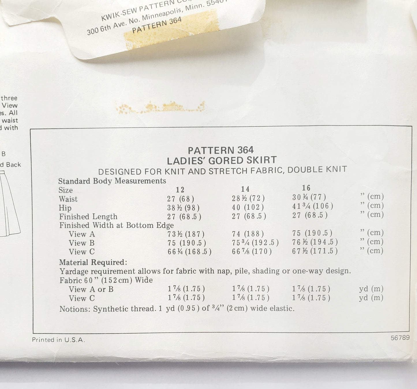 KWIK SEW Sewing Pattern 364, Skirts, Gored, Pull-On, Fold-Over Waist, Elastic Waistband, Size 12-16