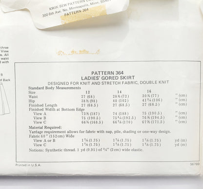 KWIK SEW Sewing Pattern 364, Skirts, Gored, Pull-On, Fold-Over Waist, Elastic Waistband, Size 12-16