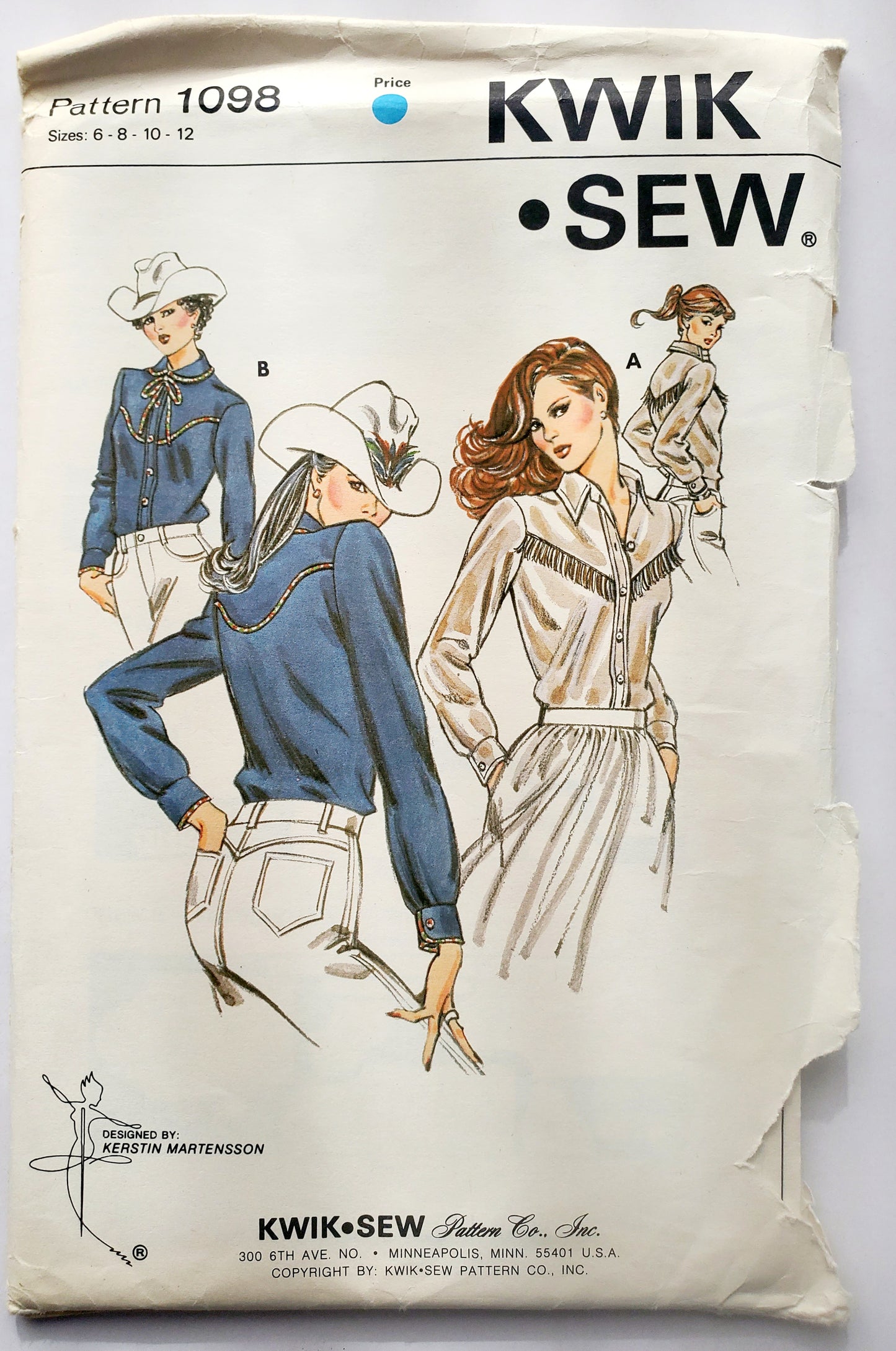 KWIK SEW Sewing Pattern 1098, Western Style Shirt, Buttoned Shirt, Blouse, Back Yokes, Size 6-12