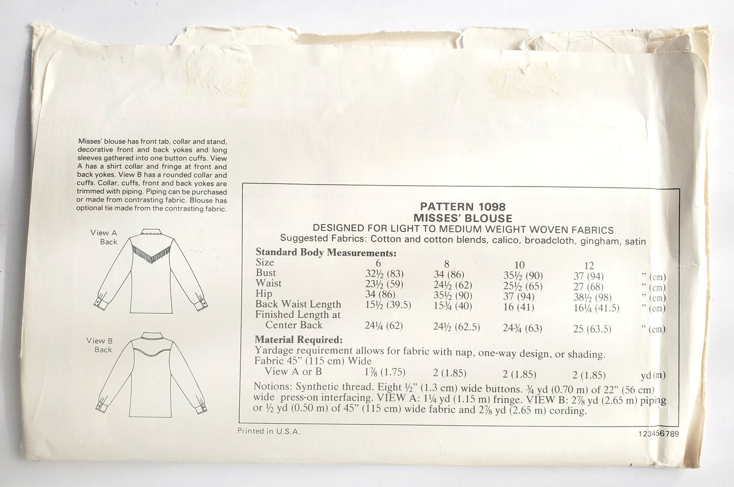 KWIK SEW Sewing Pattern 1098, Western Style Shirt, Buttoned Shirt, Blouse, Back Yokes, Size 6-12