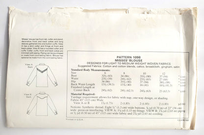 KWIK SEW Sewing Pattern 1098, Western Style Shirt, Buttoned Shirt, Blouse, Back Yokes, Size 6-12