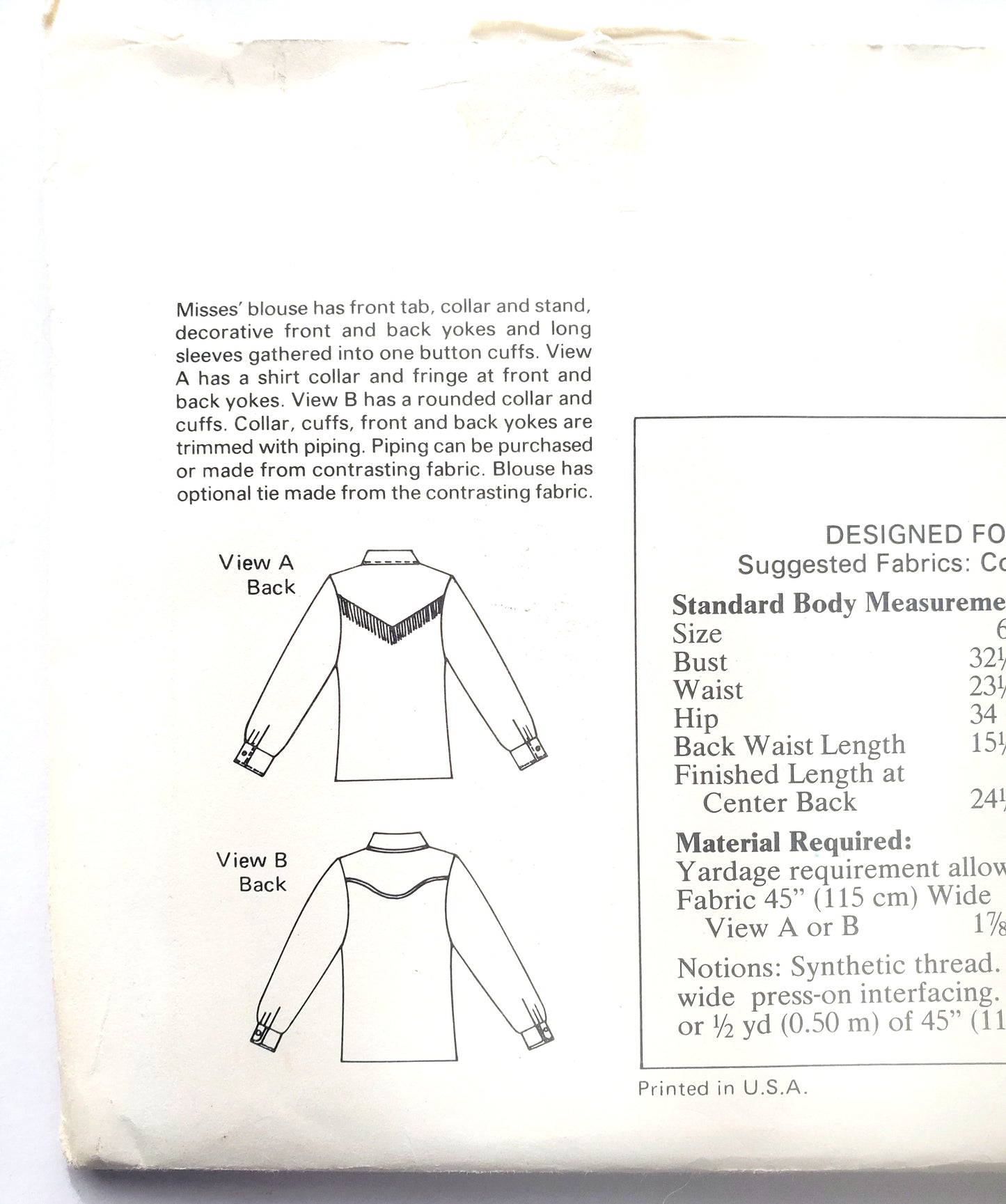 KWIK SEW Sewing Pattern 1098, Western Style Shirt, Buttoned Shirt, Blouse, Back Yokes, Size 6-12