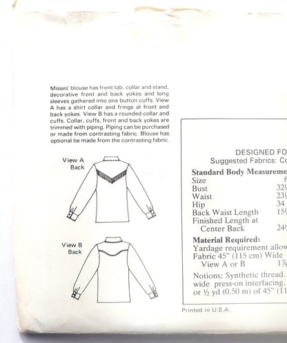 KWIK SEW Sewing Pattern 1098, Western Style Shirt, Buttoned Shirt, Blouse, Back Yokes, Size 6-12
