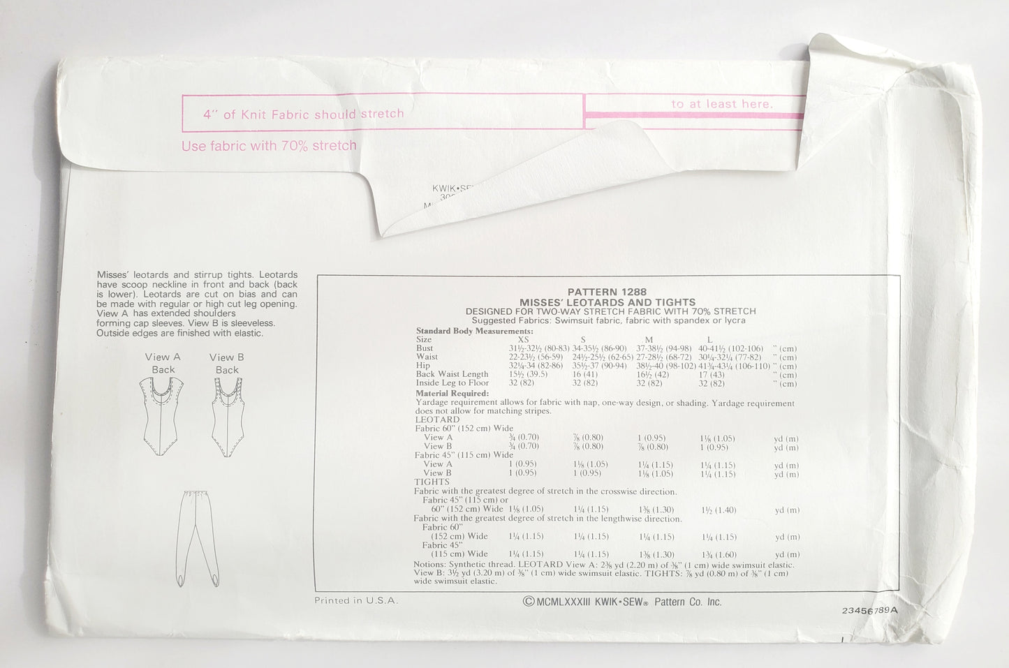 KWIK SEW Sewing Pattern 1288, Leotards, Stirrup Tights, Cap Sleeves, Sleeveless, Size XS-L