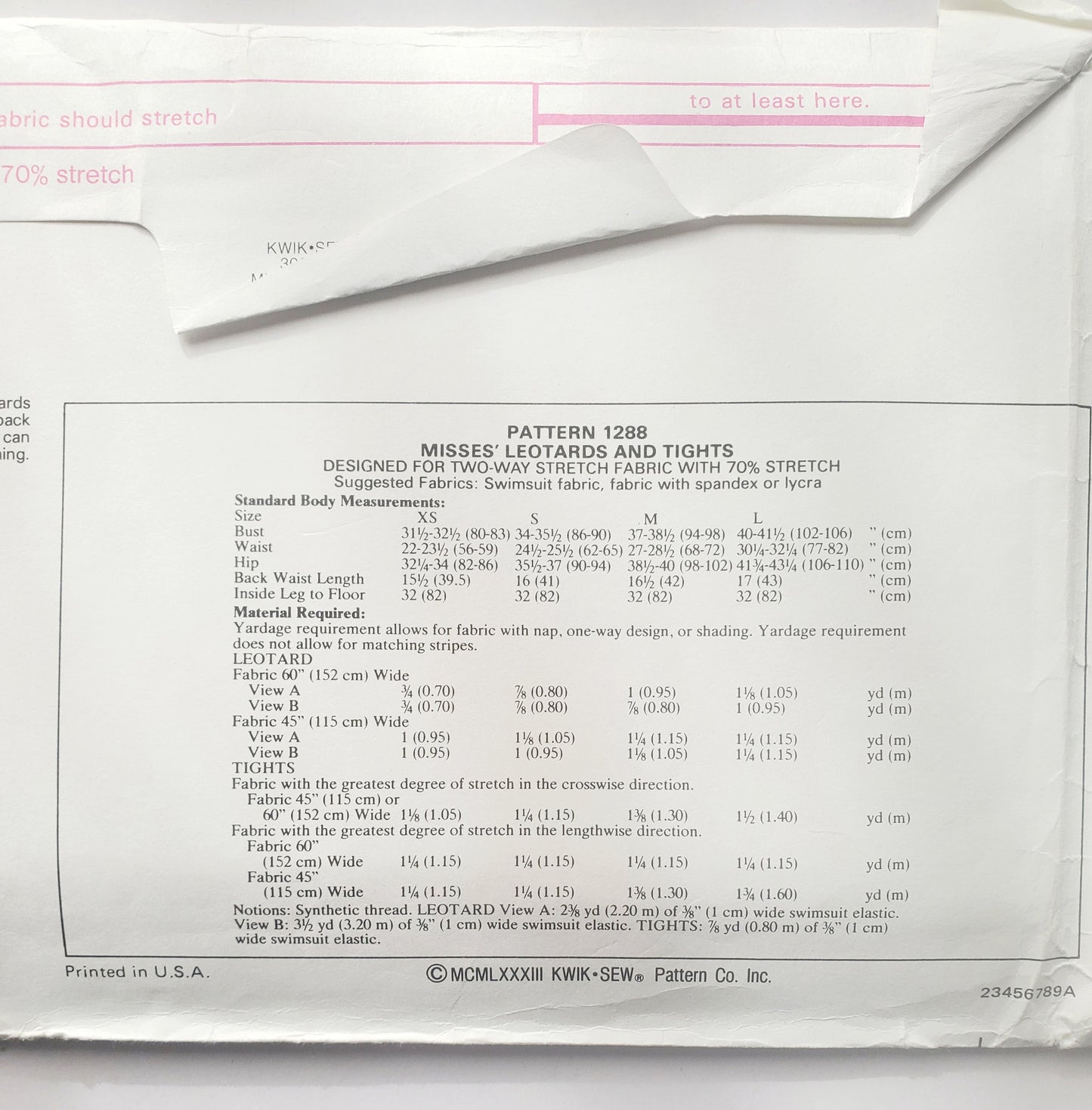 KWIK SEW Sewing Pattern 1288, Leotards, Stirrup Tights, Cap Sleeves, Sleeveless, Size XS-L