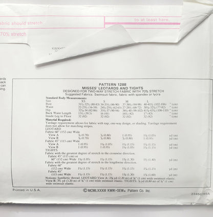 KWIK SEW Sewing Pattern 1288, Leotards, Stirrup Tights, Cap Sleeves, Sleeveless, Size XS-L