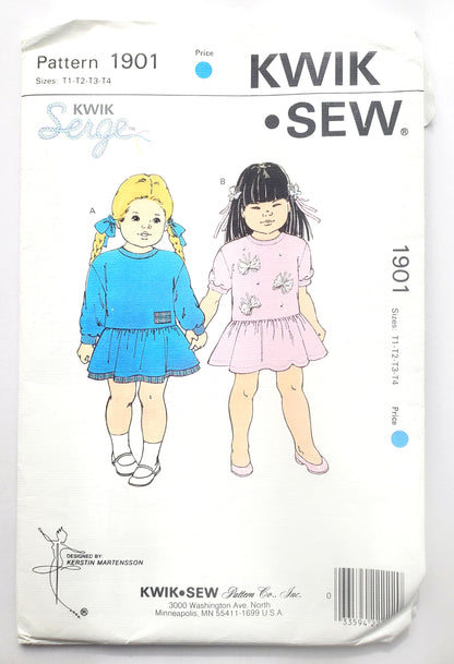 KWIK SEW Sewing Pattern 1901, Toddler, Kids,Dress, Flounce, Gathered Skirt, Applique, Size 1-4