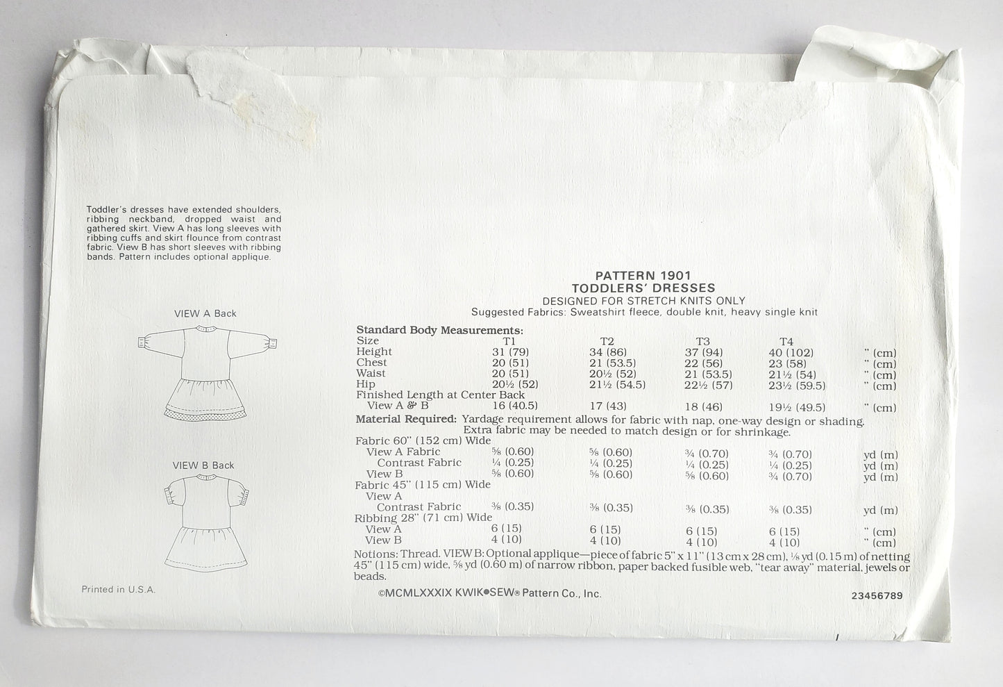 KWIK SEW Sewing Pattern 1901, Toddler, Kids,Dress, Flounce, Gathered Skirt, Applique, Size 1-4