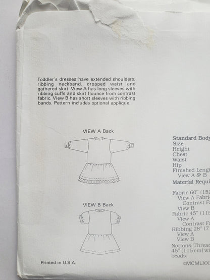 KWIK SEW Sewing Pattern 1901, Toddler, Kids,Dress, Flounce, Gathered Skirt, Applique, Size 1-4