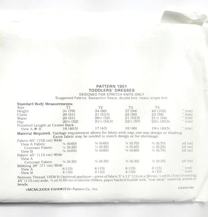 KWIK SEW Sewing Pattern 1901, Toddler, Kids,Dress, Flounce, Gathered Skirt, Applique, Size 1-4