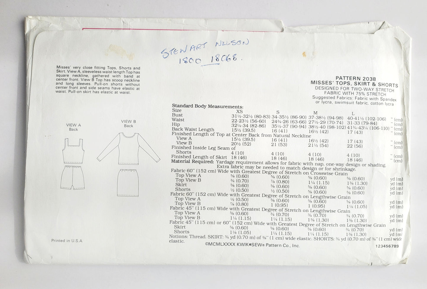KWIK SEW Sewing Pattern 2038, Tops, Close-Fitting, Shorts, Skirt, Size XS-L