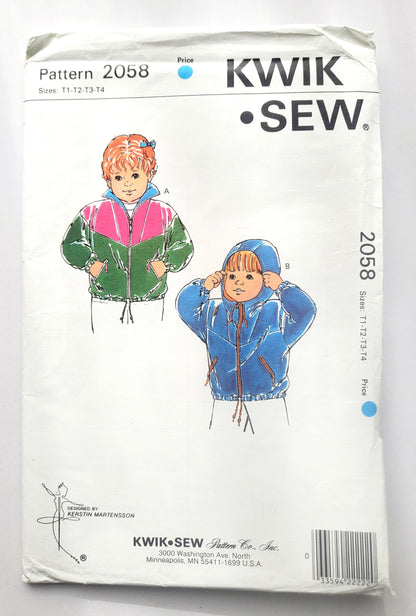 KWIK SEW Sewing Pattern 2058, Toddler, Jackets, Loose-Fitting, Drawstring, Pockets, Size T1 -T4