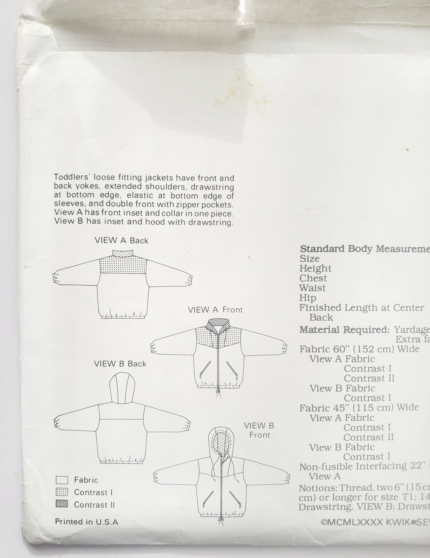 KWIK SEW Sewing Pattern 2058, Toddler, Jackets, Loose-Fitting, Drawstring, Pockets, Size T1 -T4