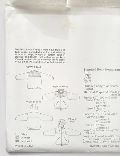 KWIK SEW Sewing Pattern 2058, Toddler, Jackets, Loose-Fitting, Drawstring, Pockets, Size T1 -T4