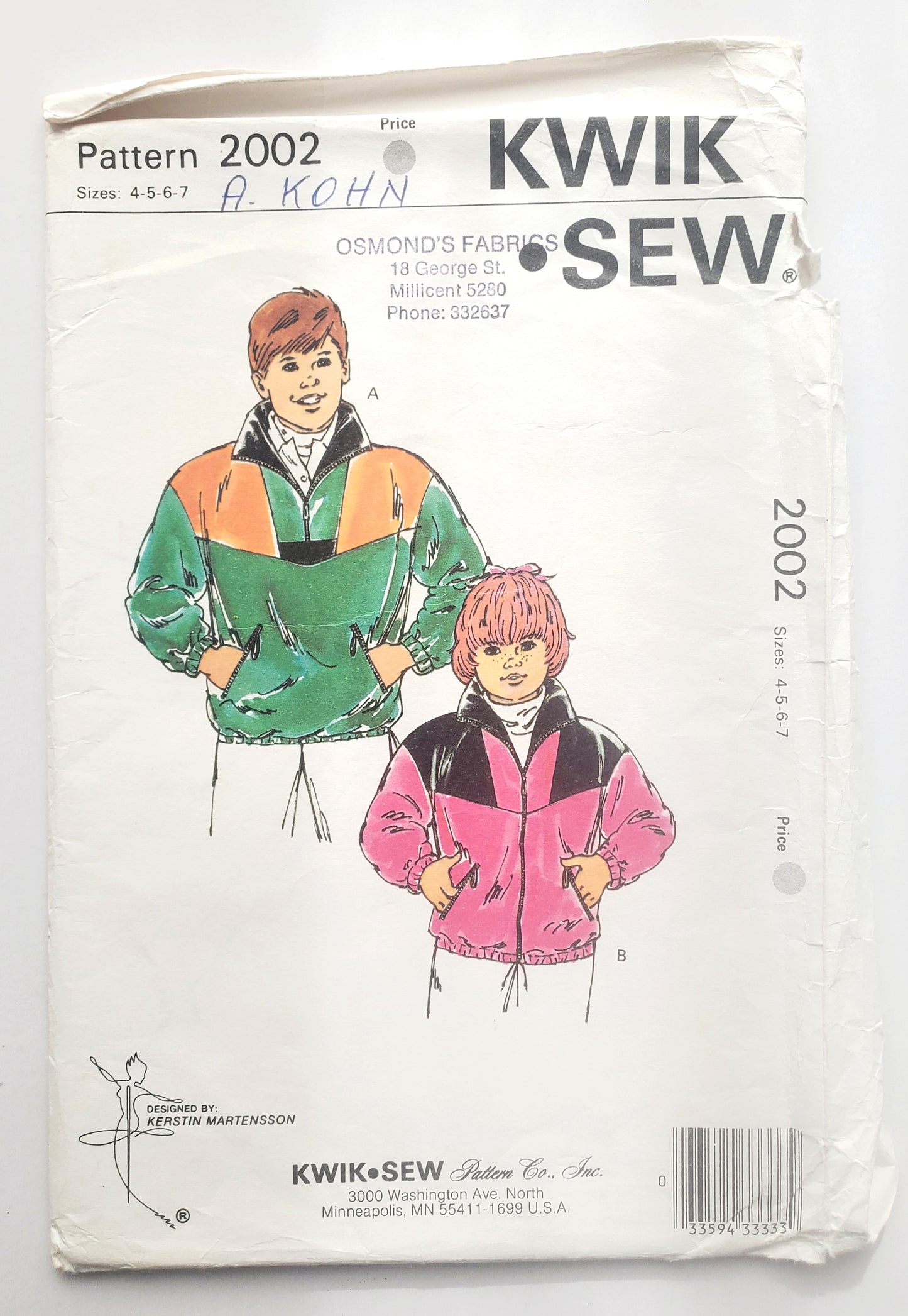 KWIK SEW Sewing Pattern, 2002, Kids, Boy, Girls, Jacket, Loose-Fitting, Size 4-7