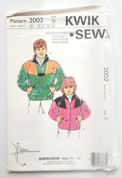 KWIK SEW Sewing Pattern, 2002, Kids, Boy, Girls, Jacket, Loose-Fitting, Size 4-7