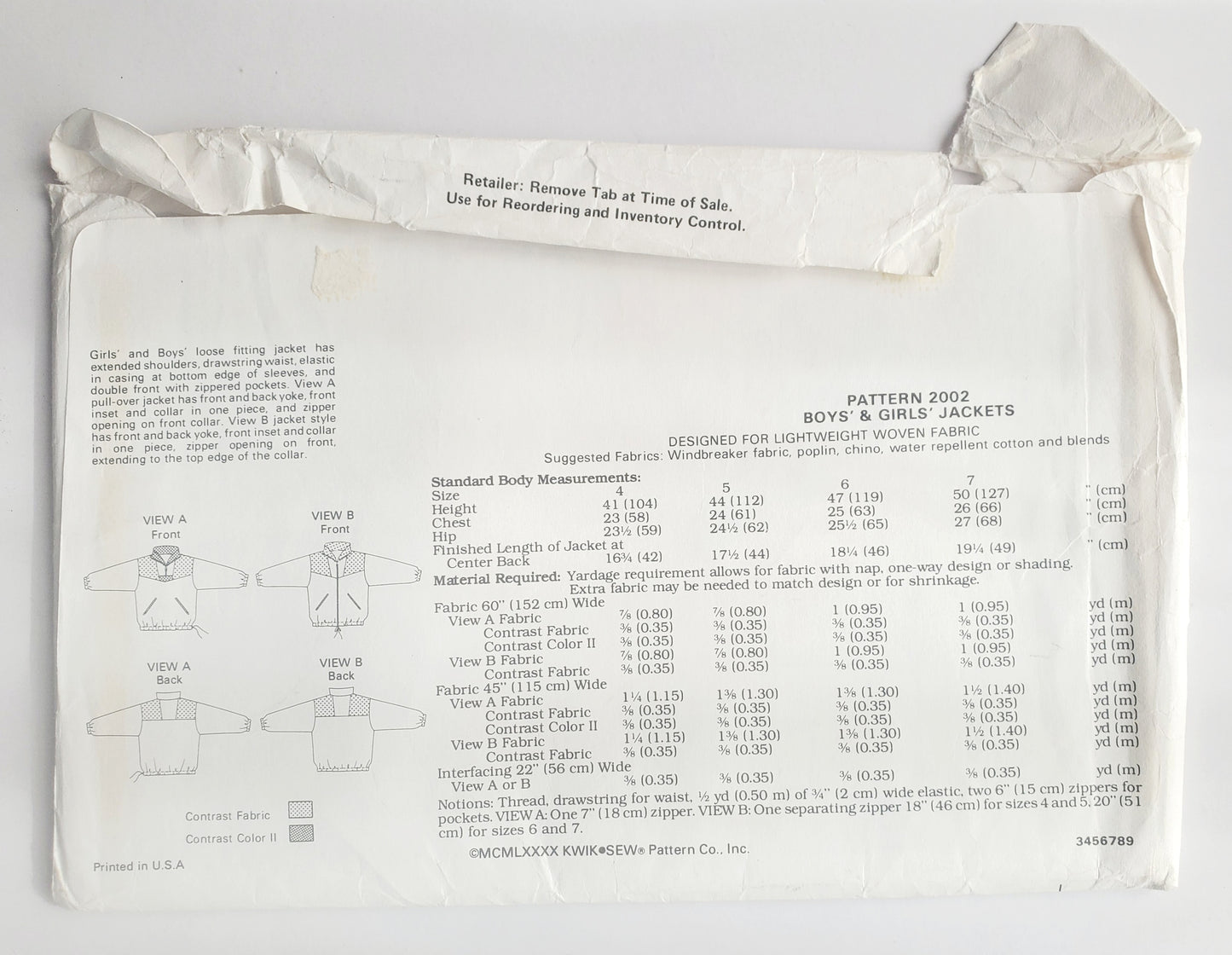 KWIK SEW Sewing Pattern, 2002, Kids, Boy, Girls, Jacket, Loose-Fitting, Size 4-7