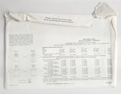 KWIK SEW Sewing Pattern, 2002, Kids, Boy, Girls, Jacket, Loose-Fitting, Size 4-7