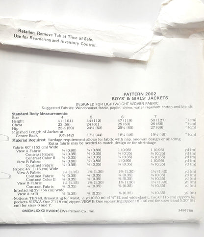 KWIK SEW Sewing Pattern, 2002, Kids, Boy, Girls, Jacket, Loose-Fitting, Size 4-7