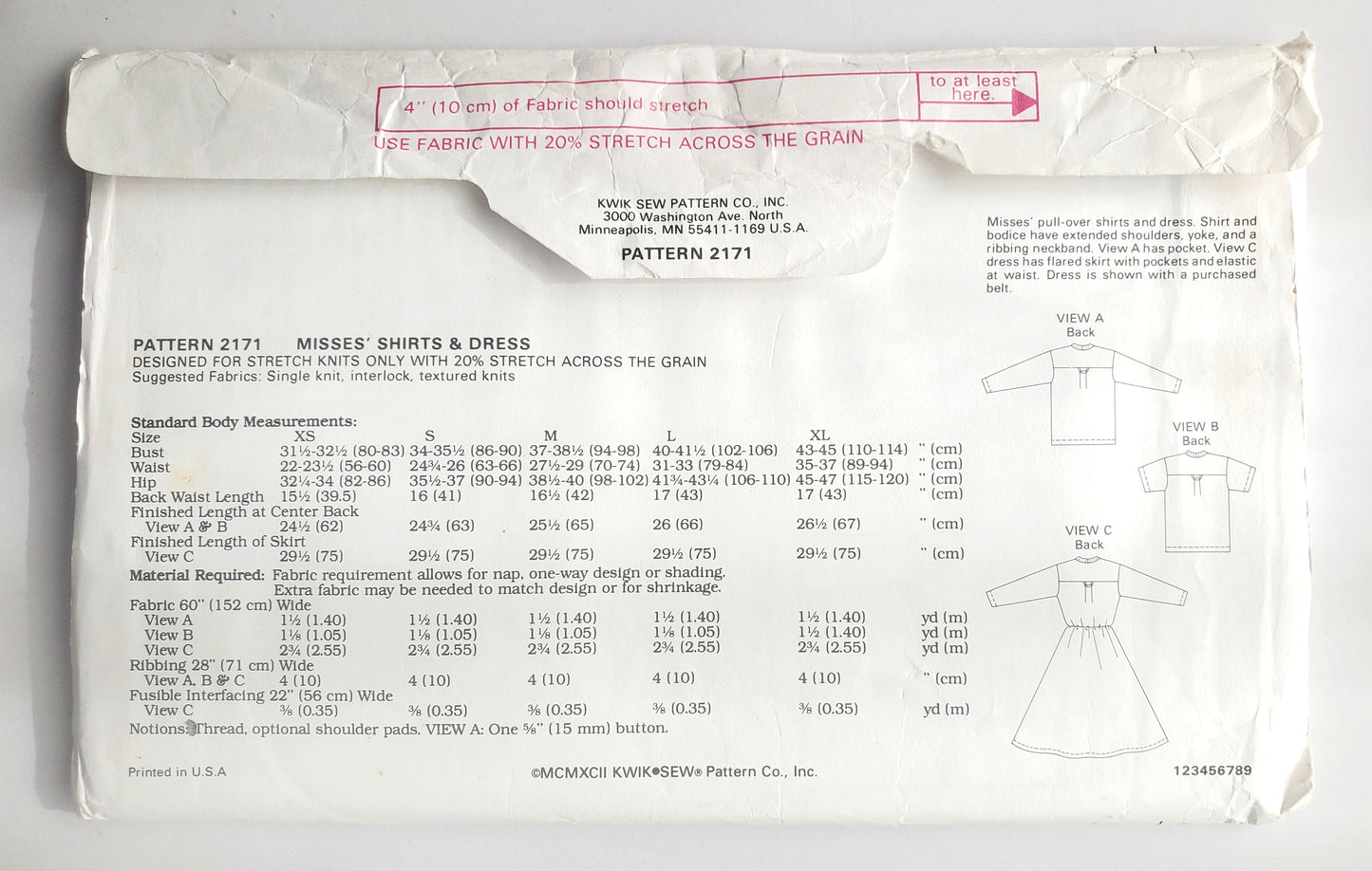 KWIK SEW Sewing Pattern 2171, Shirts, Dress, Size XS- XL