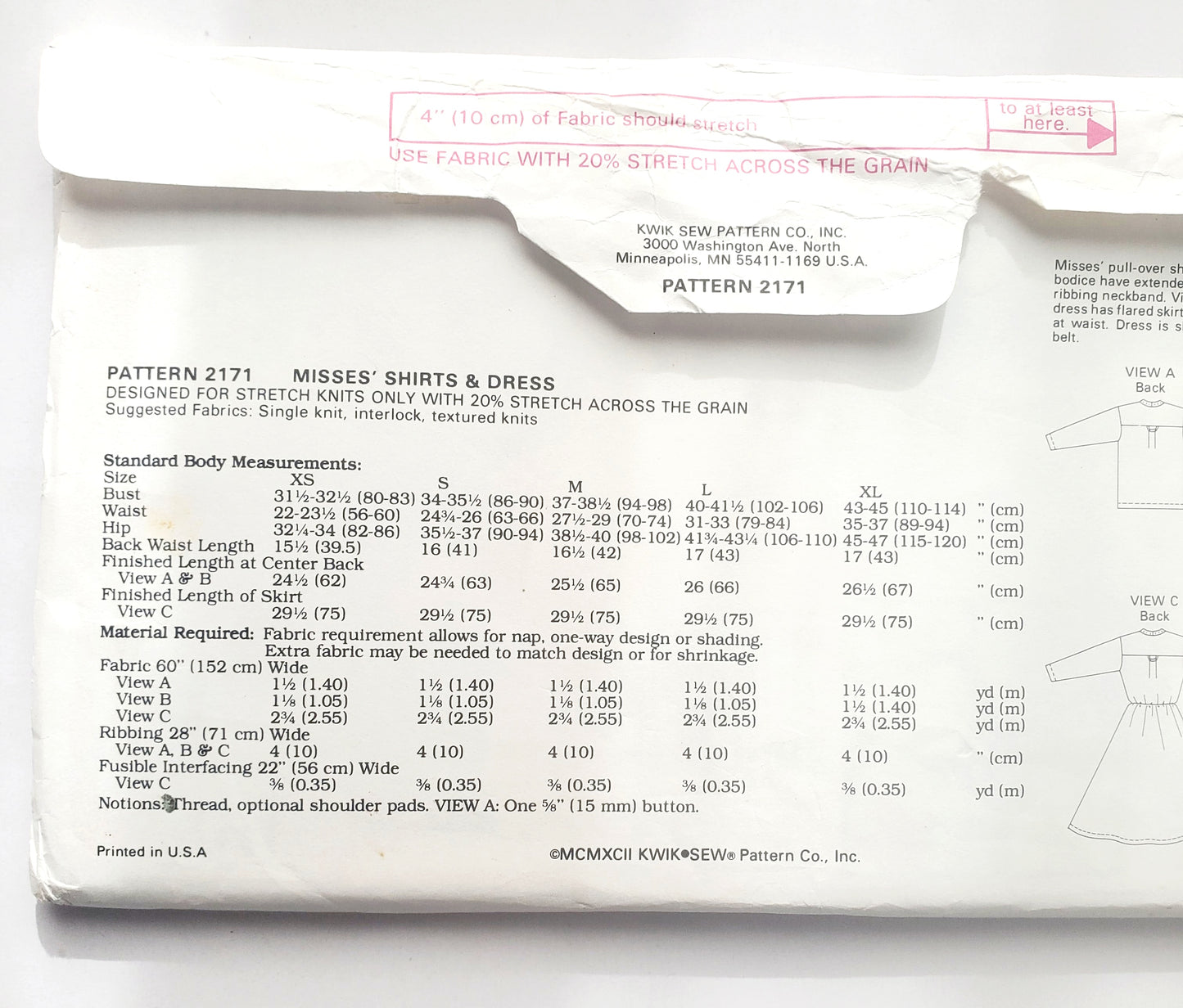 KWIK SEW Sewing Pattern 2171, Shirts, Dress, Size XS- XL