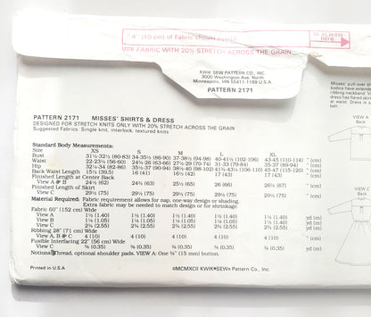 KWIK SEW Sewing Pattern 2171, Shirts, Dress, Size XS- XL