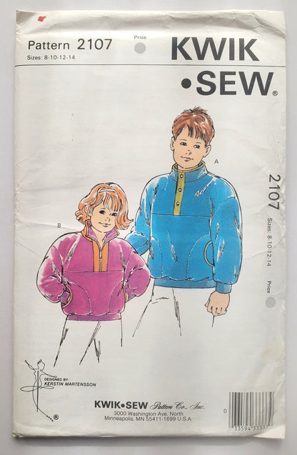 KWIK SEW Sewing Pattern 2107, Kids, Jackets, Loose Fitting, Pockets, Ribbing, Waistband, Size 8-14
