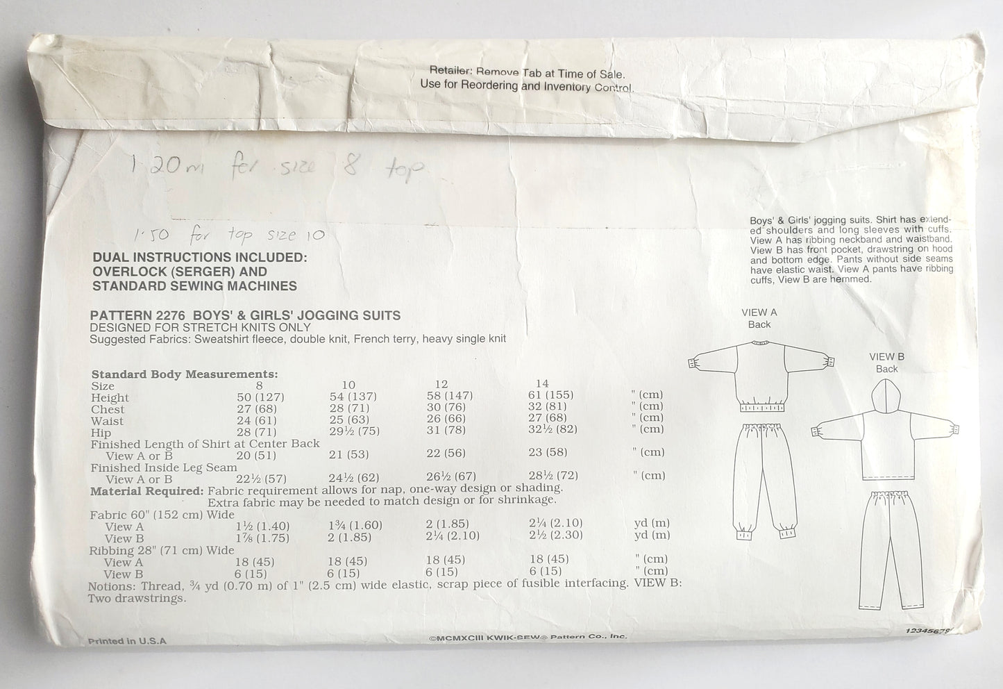 KWIK SEW Sewing Pattern 2276, Boys, Girls, Jogging Suits, Tracksuits, Ribbing, Hood, Size 8-14