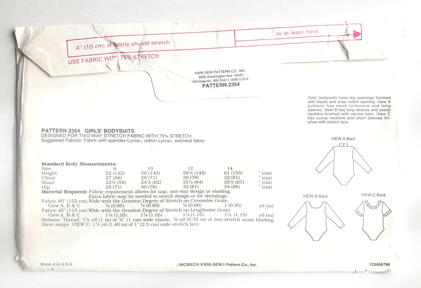 KWIK SEW Sewing Pattern, 2354, Girls Bodysuits, Size 8-14