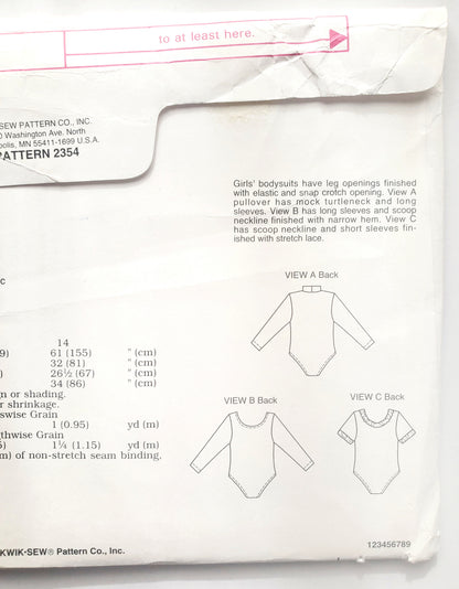 KWIK SEW Sewing Pattern, 2354, Girls Bodysuits, Size 8-14