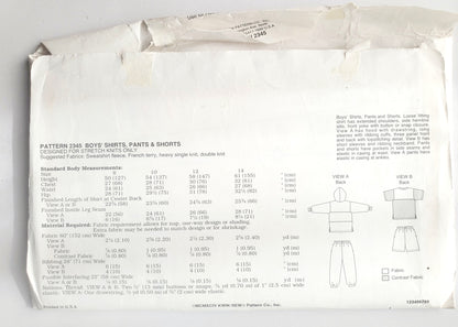 KWIK SEW Sewing Pattern, 2345, Boys, Shirts, Pants, Shorts, Kids, Size 8-14
