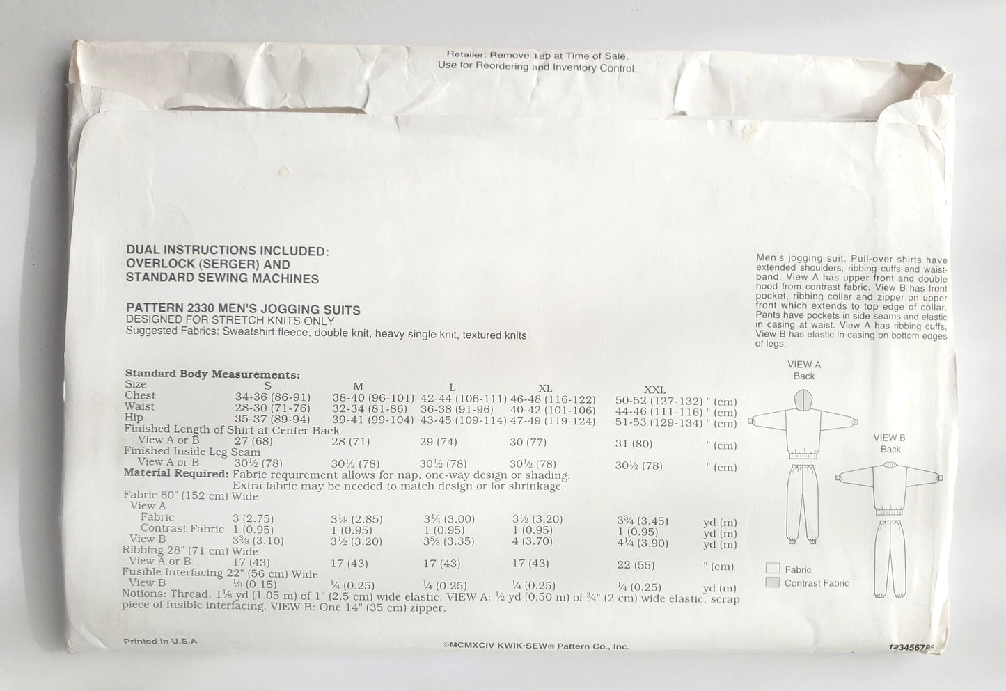 KWIK SEW Sewing Pattern, 2330, Men's Jogging Suit, Pants, Pullover Shirts, Sweater, Size S-XXL