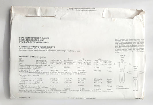 KWIK SEW Sewing Pattern, 2330, Men's Jogging Suit, Pants, Pullover Shirts, Sweater, Size S-XXL
