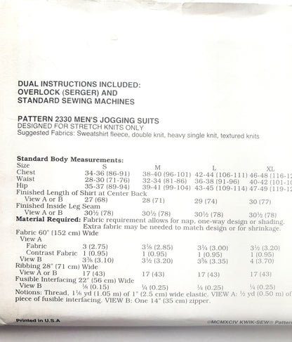 KWIK SEW Sewing Pattern, 2330, Men's Jogging Suit, Pants, Pullover Shirts, Sweater, Size S-XXL