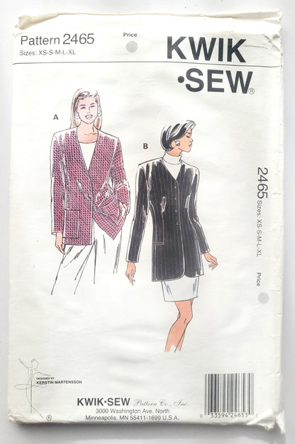 KWIK SEW Sewing Pattern, 2465, Jacket, Semi-Fitted Jackets, Size XS-XL