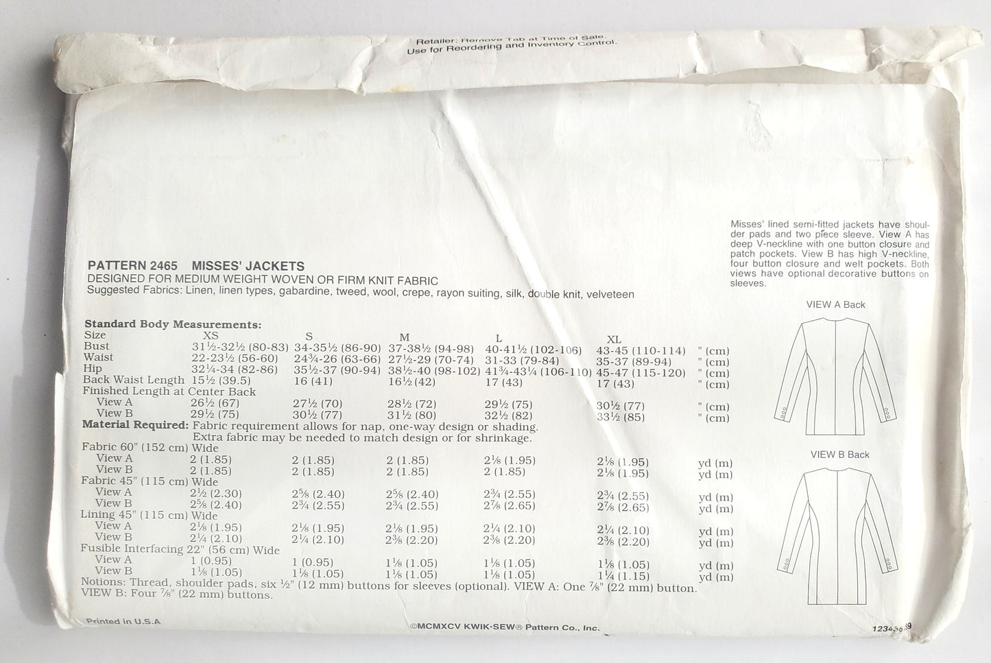 KWIK SEW Sewing Pattern, 2465, Jacket, Semi-Fitted Jackets, Size XS-XL