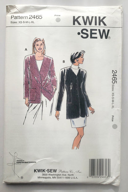 KWIK SEW Sewing Pattern, 2465, Jacket, Semi-Fitted Jackets, Size XS-XL