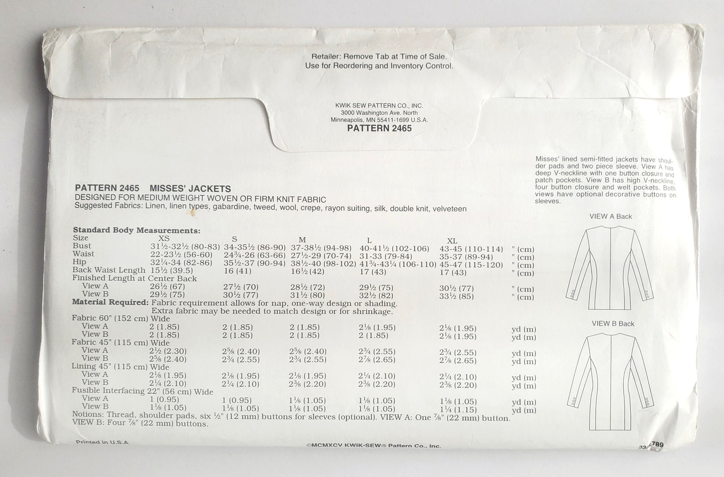 KWIK SEW Sewing Pattern, 2465, Jacket, Semi-Fitted Jackets, Size XS-XL
