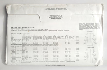 KWIK SEW Sewing Pattern, 2465, Jacket, Semi-Fitted Jackets, Size XS-XL