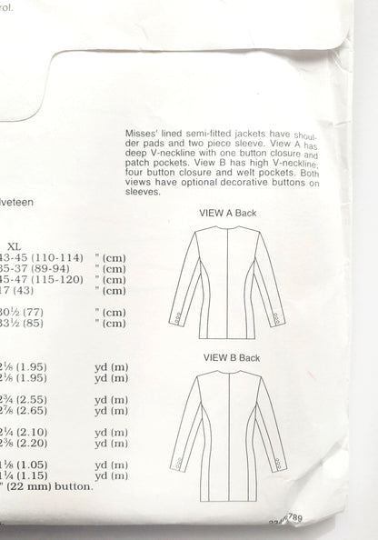KWIK SEW Sewing Pattern, 2465, Jacket, Semi-Fitted Jackets, Size XS-XL