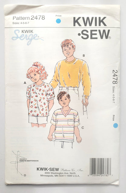 KWIK SEW Sewing Pattern, 2478, Kids, Boys, Girls, T-shirts, Tops, Size 4-7