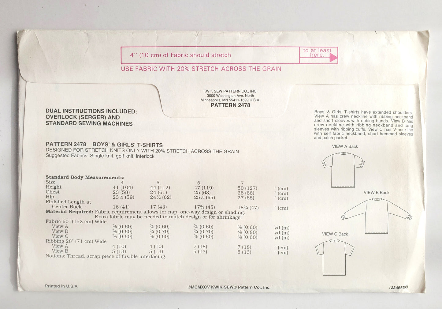 KWIK SEW Sewing Pattern, 2478, Kids, Boys, Girls, T-shirts, Tops, Size 4-7