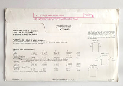 KWIK SEW Sewing Pattern, 2478, Kids, Boys, Girls, T-shirts, Tops, Size 4-7