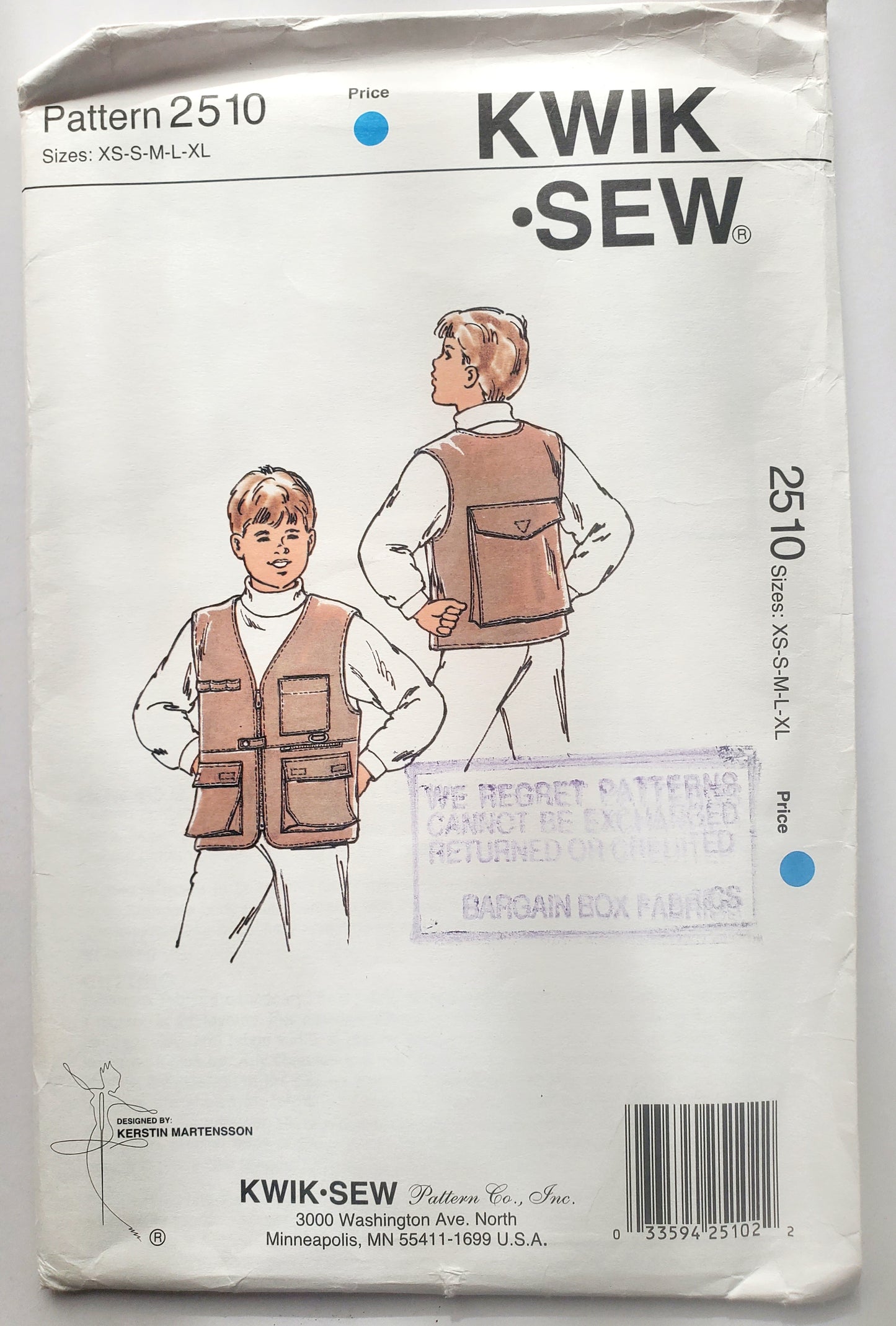 KWIK SEW Sewing Pattern, 2510, Boys, Sport Vest, Safari, Size XS-XL