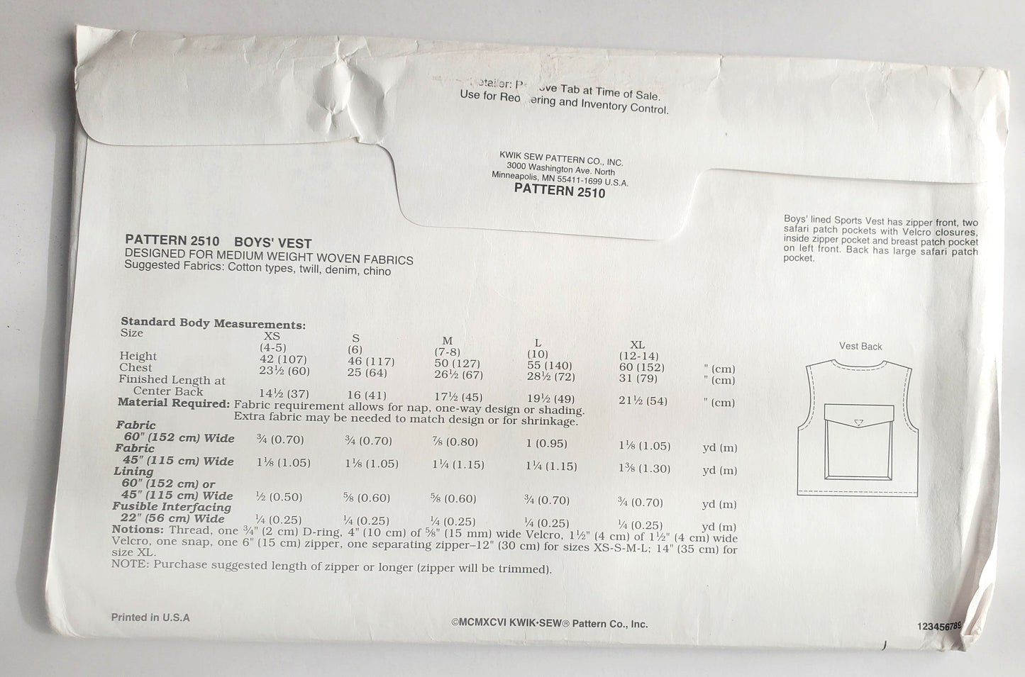 KWIK SEW Sewing Pattern, 2510, Boys, Sport Vest, Safari, Size XS-XL
