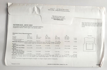 KWIK SEW Sewing Pattern, 2510, Boys, Sport Vest, Safari, Size XS-XL