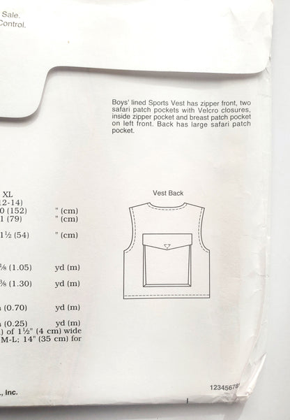 KWIK SEW Sewing Pattern, 2510, Boys, Sport Vest, Safari, Size XS-XL