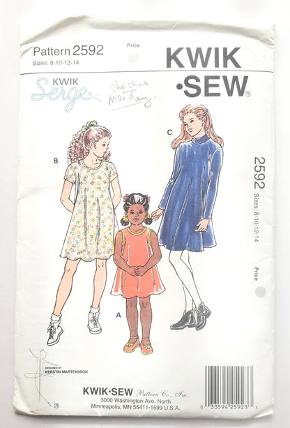 KWIK SEW Sewing Pattern 2592, Girls, Kids, Dress, A-line Dress, Size 8-14